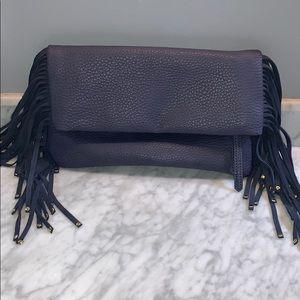 Navy leather fringe clutch